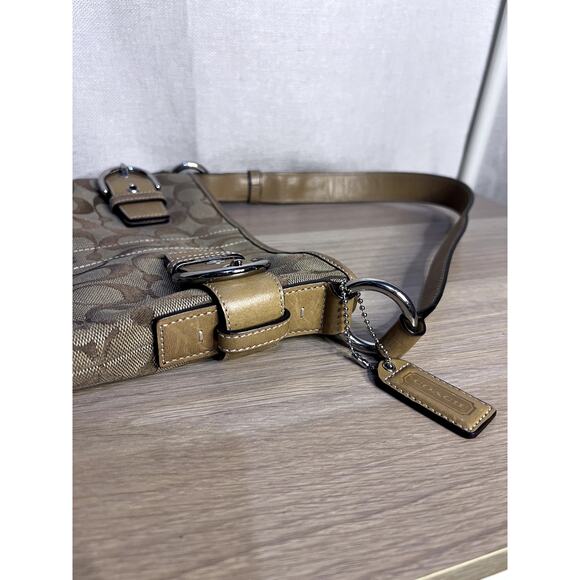 Coach Signature C Beige Tan Leather Logo Canvas Shoulder Bag Purse - Picture 3 of 11